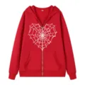 Roter Kapuzenpullover mit Reißverschluss für Damen, weißes Herz Spinnennetz Grafik, Streetwear. - S / Oberteile / Rot