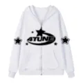 White zip-up hoodie Y2K streetwear 4TUNE star print casual hooded sweatshirt variant - S / Tops / White