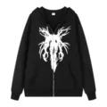 Sweat à capuche zippé streetwear noir avec imprimé graphique tendance et coupe ample. - S / Hauts / Noir 311