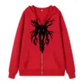 Sweat à capuche rouge zippé avec imprimé gothique sombre, style streetwear tendance. - S / Hauts / Rouge