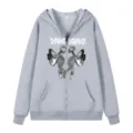 Grauer Kapuzenpullover mit Reißverschluss, Gothic Skelett Schmetterling Flügel Grafik, Hoodie - S / Oberteile / Hellgrau