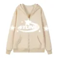 Men's beige Y2K zip-up hoodie with star graphic, casual vintage streetwear jacket top. - S / Tops / Khaki