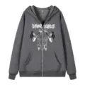 Dunkelgrauer Kapuzenpullover mit Reißverschluss, Gothic Skelett Grafik, lässige Damenjacke Variante. - S / Oberteile / Dunkelgrau