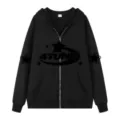 Black full zip hooded sweatshirt for men featuring cool Y2K star graphic print streetwear style. - S / Tops / Black