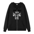 Gothischer Skelett Schmetterling Druck schwarzer Kapuzenpullover Damen Freizeit Jacke. - S / Oberteile / Schwarz