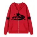 Red Y2K full-zip hoodie for men, featuring cool chest graphics and comfortable fit. - S / Tops / Red