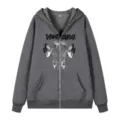 Dunkelgrauer Kapuzenpullover mit Reißverschluss, Skelett-Schmetterling-Grafik und Streetwear. - S / Oberteil(312) / Dunkelgrau