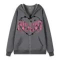 Dunkelgrauer Kapuzenpullover mit Reißverschluss, Gothic-Stil, gefüttert mit Fleece, Print. - S / Oberteile / Dunkelgrau