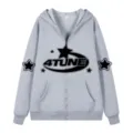 Men full zip hoodie Y2K vintage style grey hooded sweatshirt casual outerwear with graphic - S / Tops / Gray