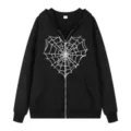 Schwarzer Kapuzenpullover mit Reißverschluss und modischem Spinnennetz-Print für Damen. - S / Oberteile / Schwarz