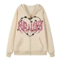Herren Gothic Kapuzenpullover mit Reißverschluss, rosa Grafikdruck und warmem Fleece. - S / Oberteile / Khaki