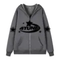 Dark Grey Full Zip Hoodie Y2K Streetwear Star Graphic Casual Jacket Men's Stylish Outerwear - S / Tops / Gray