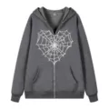 Dunkelgrauer Kapuzenpullover mit Reißverschluss und Herz-Spinnennetz-Grafik für Damen. - S / Oberteile / Dunkelgrau 313