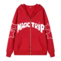 Sudadera con capucha y cremallera completa roja para hombre con letras y estrellas - S / Tops / Rojo