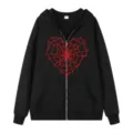 Schwarzer Kapuzenpullover mit Reißverschluss und rotem Herz-Spinnennetz-Print, Streetwear. - S / Oberteile / Schwarz