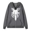 Sweat à capuche zippé graphique style sombre gris foncé avec imprimé blanc streetwear veste - S / Hauts / Gris foncé
