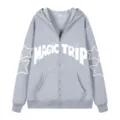 Sudadera gris con cremallera para hombre con estampado de letras y tejido cómodo. - S / Tops / Gris claro
