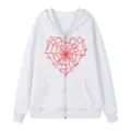 Weißer Kapuzenpullover mit Reißverschluss und rotem Herz-Spinnennetz-Druck für Streetwear. - S / Oberteile / Weiß (314)