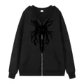 Sweat à capuche zippé gothique noir streetwear veste ample décontractée avec imprimé homme femme - S / Hauts / Noir