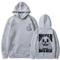 Grey hooded sweatshirt for men and women, featuring long sleeves, pocket, and skull print back. - Light Gray