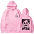 Pink long sleeve hooded sweatshirt with skull graphic print, unisex casual streetwear. - S / Tops / Pink