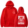 Red hooded sweatshirt with skull print long sleeve pocket casual streetwear pullover top. - Red