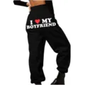 Black cotton fleece sweatpants with boyfriend letter print, casual joggers for women. - S / Bottoms / Black (Back Print)