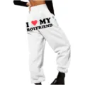 Casual white fleece sweatpants with letter print, comfortable loose fit winter warm trousers. - S / Bottoms / White (Back Print)