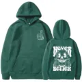 Green hoodie for men and women with back skull print, long sleeve casual hooded sweatshirt. - Dark Green