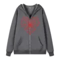 Dunkelgrauer Hoodie mit Reißverschluss, rotem Herz-Spinnennetz-Druck und lässiger Passform. - S / Oberteile / Dunkelgrau (314)