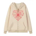 Beige Kapuzenjacke mit Reißverschluss und rotem Herz-Spinnennetz-Print für Streetwear. - S / Oberteile / Khaki (314)