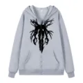 Sweat à capuche zippé gris avec imprimé streetwear sombre, coupe ample et décontractée - S / Hauts / Gris