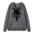 Sweat-shirt à capuche zippé avec imprimé graphique sombre, style urbain ample et décontracté. - S / Hauts / Gris foncé