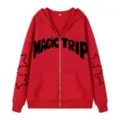 Sudadera con capucha y cremallera roja para hombre con estampado de letras y estrellas - S / Tops / Rojo