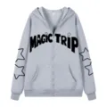 Sudadera gris con capucha y cremallera, estampado de letras negras y estrellas en las mangas - S / Tops / Gris Claro 312