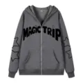Sudadera con capucha gris para hombre con cremallera, estampado de estrellas y estilo urbano. - S / Tops / Gris oscuro