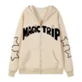 Sudadera con capucha y cremallera beige para hombre con estampado gráfico negro y estrellas. - S / Tops / Caqui