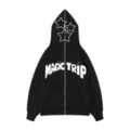 Sudadera negra con capucha y cremallera para hombre con estampado de estrellas y texto en el pecho. - S / Tops / Negro