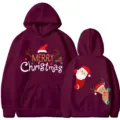 Sudadera con capucha burdeos casual con bonito estampado navideño, texto y manga larga. - S / Tops / Burdeos 311