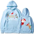 Sudadera con capucha de Navidad azul claro con bonito estampado de papá Noel y reno casual. - S / Tops / Azul Claro 312