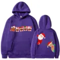 Sweat-shirt à capuche violet unisexe de Noël avec train de bonbons festif et imprimé du Père Noël. - S / Hauts / Violet
