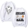 Halloween horror graphic crewneck sweatshirt, casual white long sleeve top for women and men. - S / Tops / White