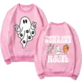 Pink Halloween spooky ghost print crewneck sweatshirt for women casual fashion long sleeve top - S / Tops / Pink