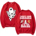Red long sleeve crewneck sweatshirt featuring spooky ghost and Halloween horror graphics. - S / Tops / Red