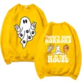 Yellow crewneck sweatshirt with Halloween horror print, casual long sleeve pullover. - S / Tops / Yellow