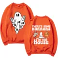 Orange crewneck sweatshirt featuring funny Halloween ghost graphic and letter print design. - S / Tops / Orange
