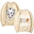 Halloween ghost print crewneck sweatshirt casual loose long sleeve top apparel for women - S / Tops / Khaki