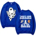 Blue long sleeve crewneck sweatshirt featuring funny Halloween ghost graphic and text print. - S / Tops / Blue