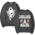 Dark grey Halloween ghost print long sleeve crewneck sweatshirt casual pullover top for women - S / Tops / Dark Gray