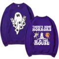 Purple Halloween spooky crewneck sweatshirt with funny ghost and pumpkin graphics for women - S / Tops / Purple